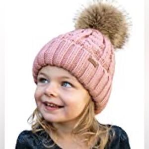 Camptrace Girls Set of Two Removable Pom Pom Knit Winter Beanie Hat in Pink